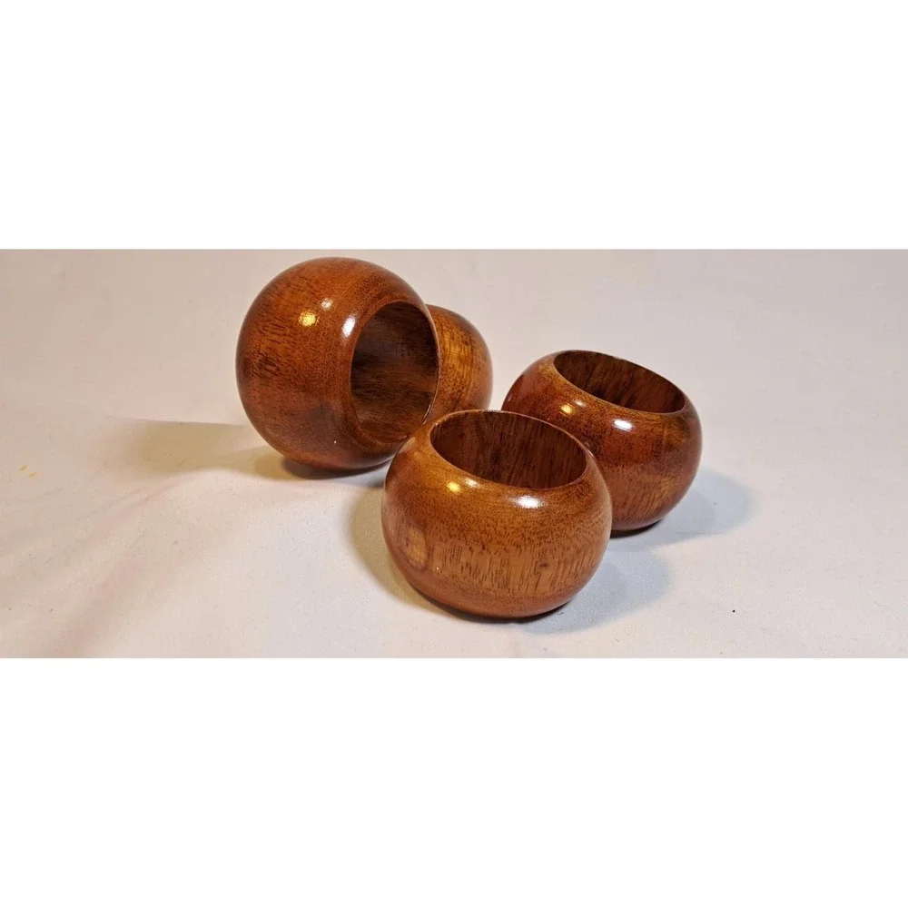 Vintage Mid Century Modern Polished Wood Napkin Rings Set of 4 Brown Round MCM